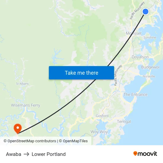 Awaba to Lower Portland map