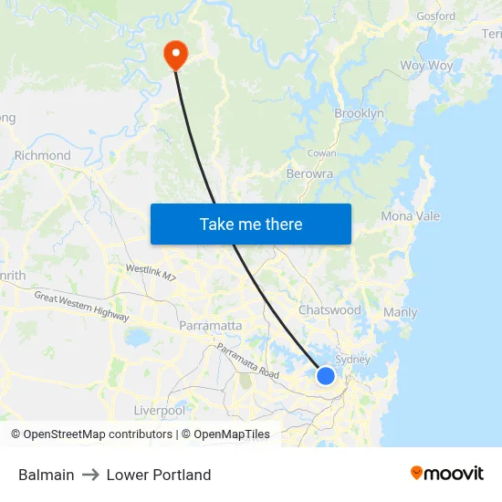 Balmain to Lower Portland map