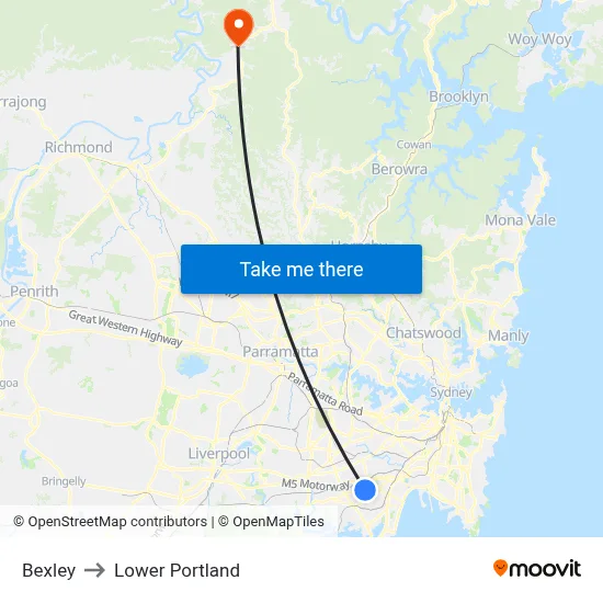 Bexley to Lower Portland map