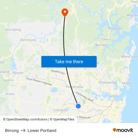 Birrong to Lower Portland map
