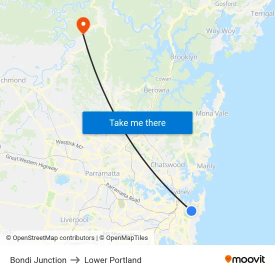 Bondi Junction to Lower Portland map