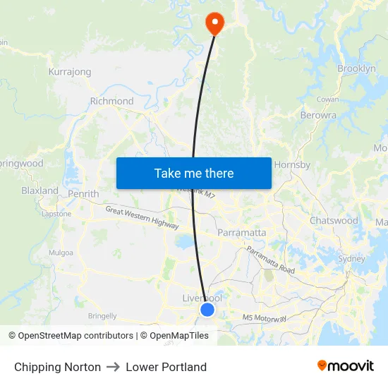 Chipping Norton to Lower Portland map