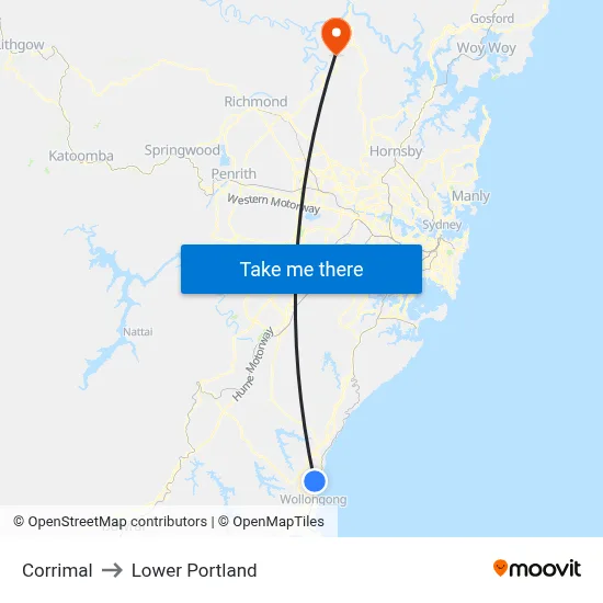 Corrimal to Lower Portland map