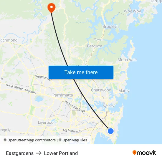 Eastgardens to Lower Portland map