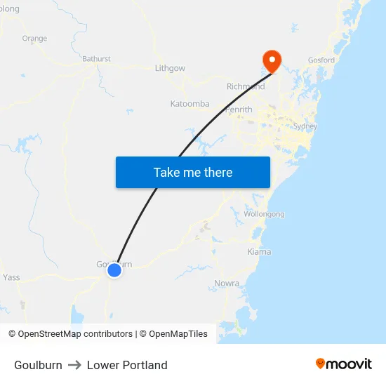 Goulburn to Lower Portland map