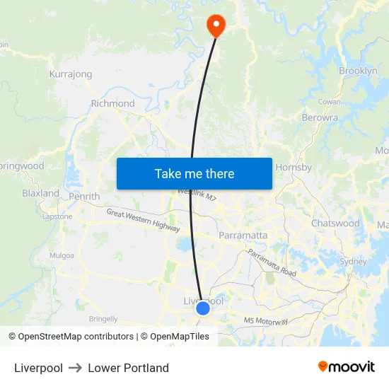 Liverpool to Lower Portland map