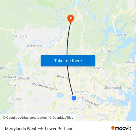 Merrylands West to Lower Portland map