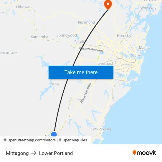 Mittagong to Lower Portland map