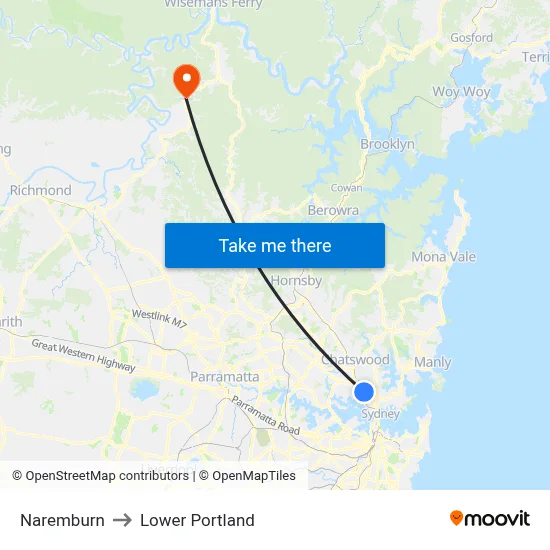 Naremburn to Lower Portland map