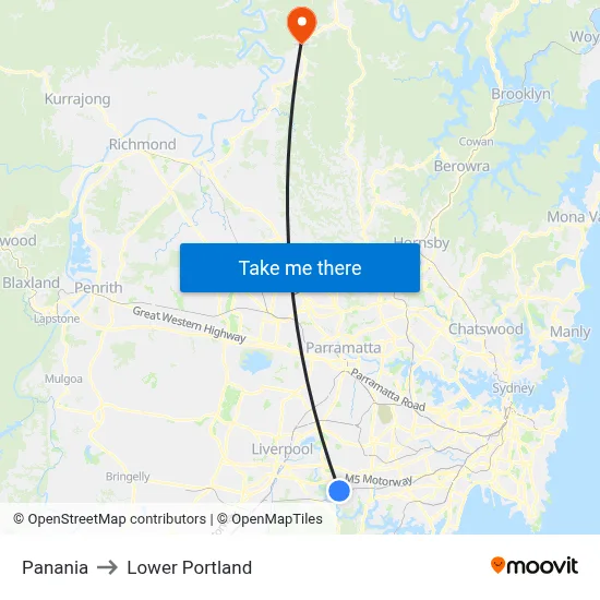 Panania to Lower Portland map