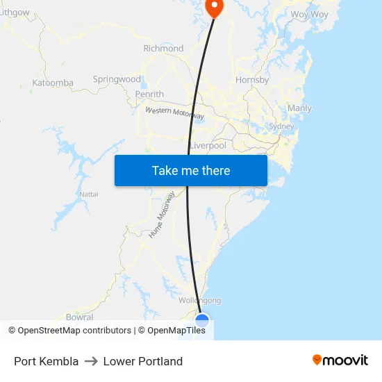 Port Kembla to Lower Portland map