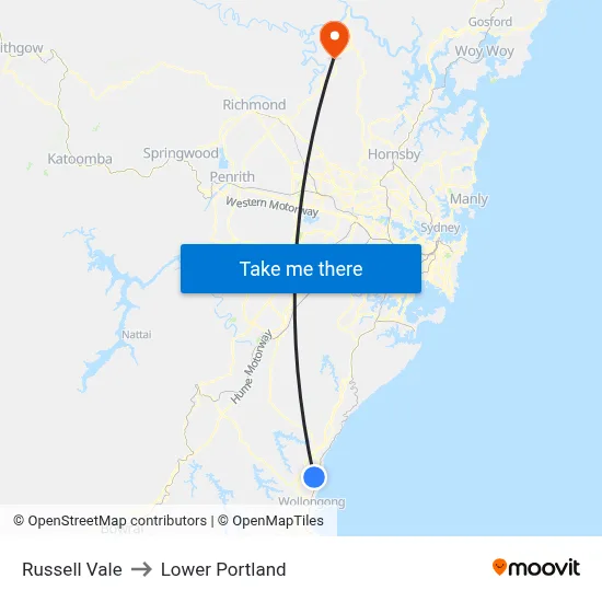 Russell Vale to Lower Portland map