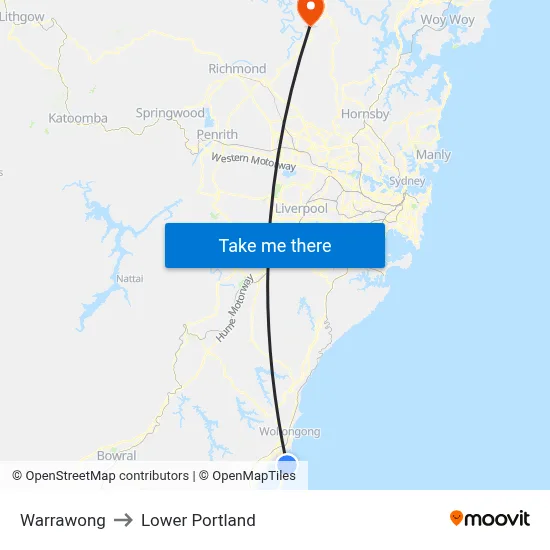 Warrawong to Lower Portland map