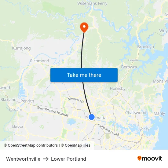 Wentworthville to Lower Portland map