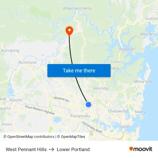 West Pennant Hills to Lower Portland map