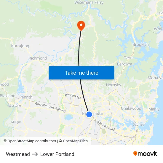 Westmead to Lower Portland map