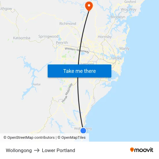 Wollongong to Lower Portland map