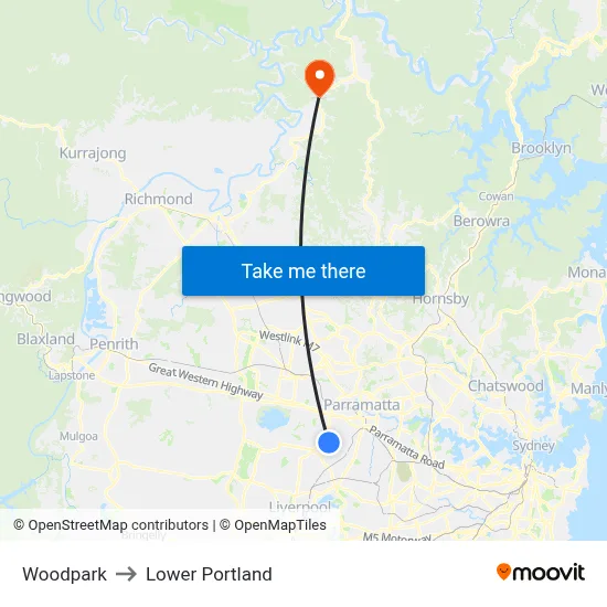 Woodpark to Lower Portland map