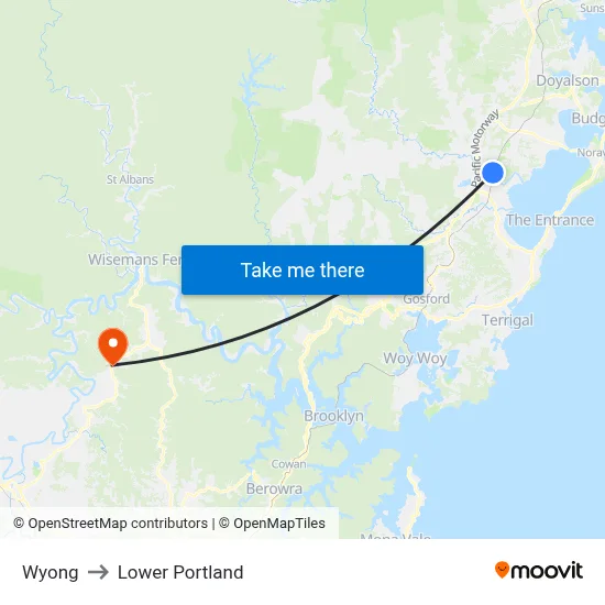 Wyong to Lower Portland map