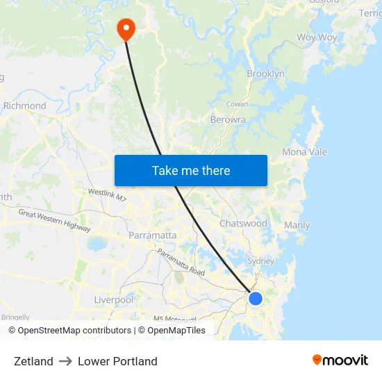 Zetland to Lower Portland map