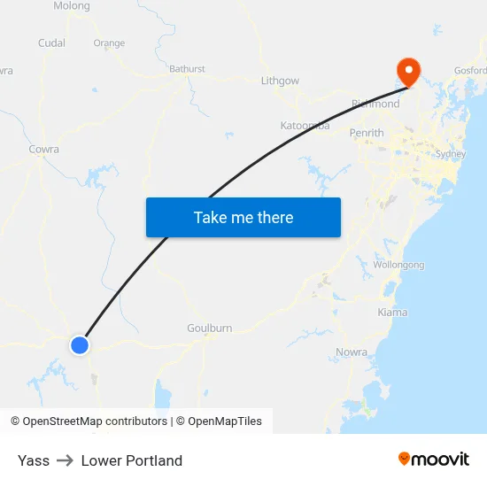Yass to Lower Portland map