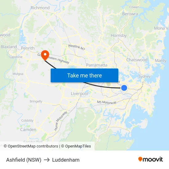 Ashfield (NSW) to Luddenham map