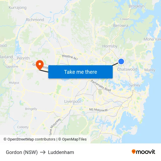 Gordon (NSW) to Luddenham map