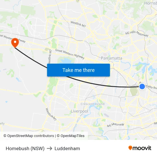 Homebush (NSW) to Luddenham map