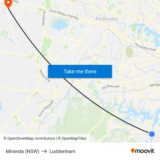 Miranda (NSW) to Luddenham map