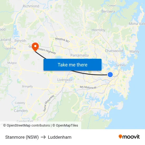 Stanmore (NSW) to Luddenham map