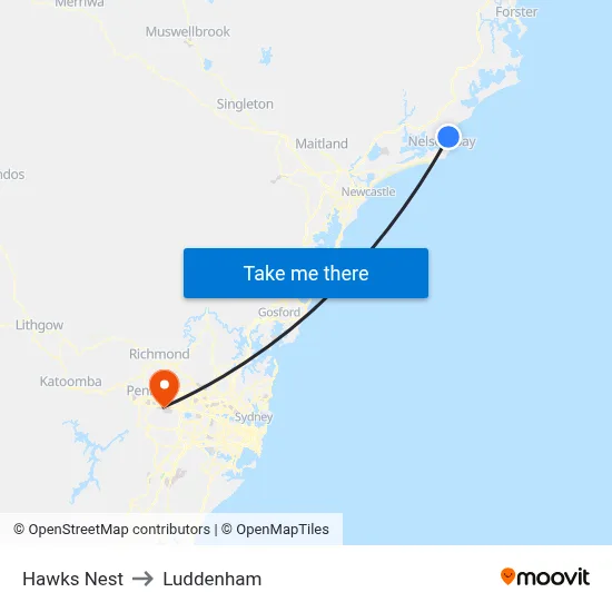 Hawks Nest to Luddenham map