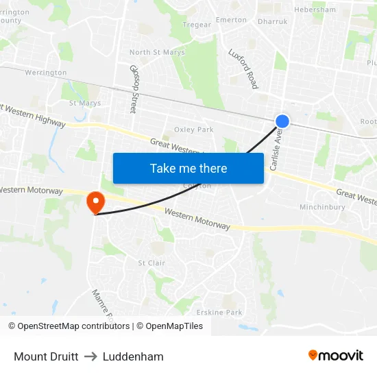 Mount Druitt to Luddenham map