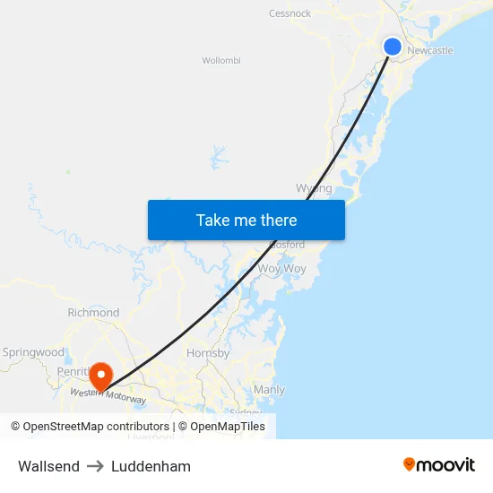 Wallsend to Luddenham map