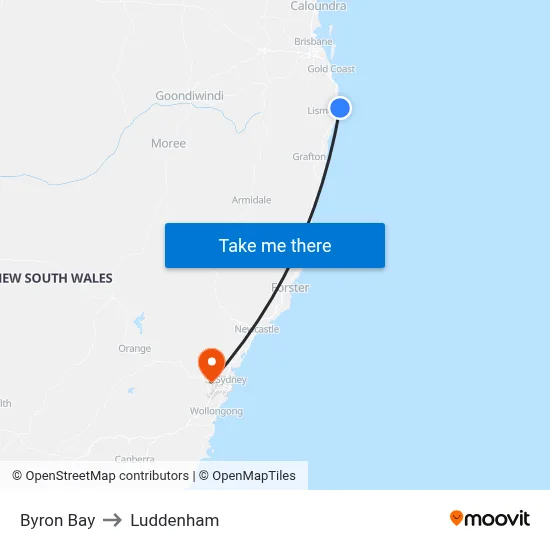 Byron Bay to Luddenham map