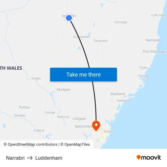 Narrabri to Luddenham map