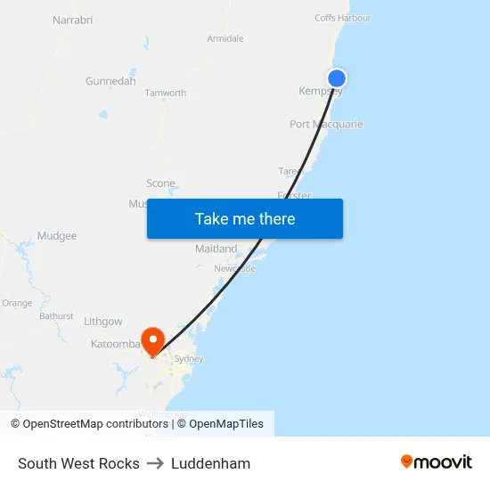 South West Rocks to Luddenham map