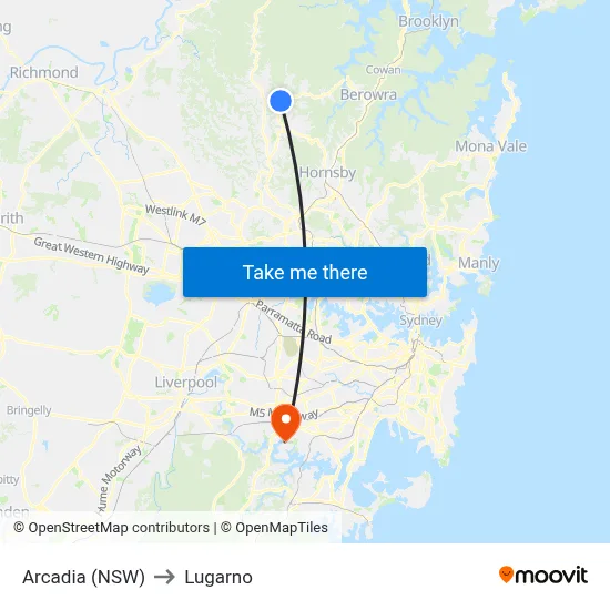 Arcadia (NSW) to Lugarno map