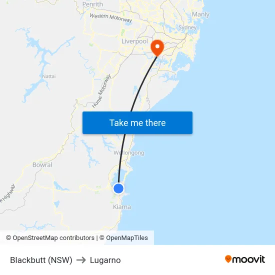 Blackbutt (NSW) to Lugarno map