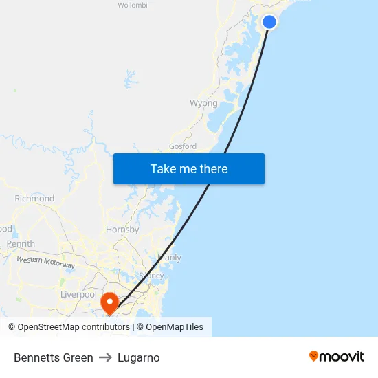 Bennetts Green to Lugarno map