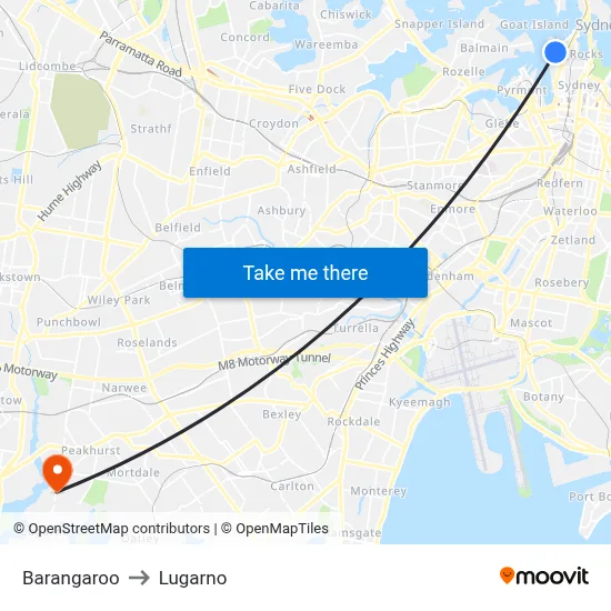 Barangaroo to Lugarno map