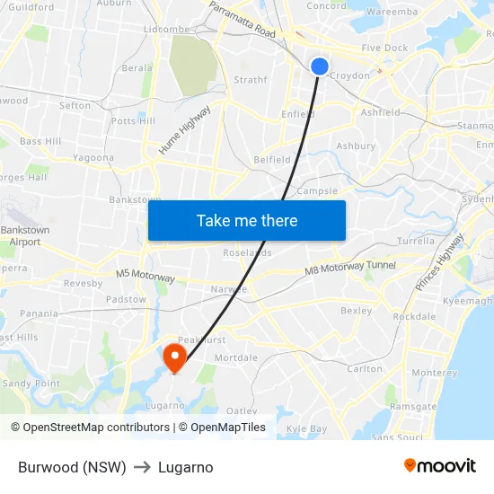Burwood (NSW) to Lugarno map