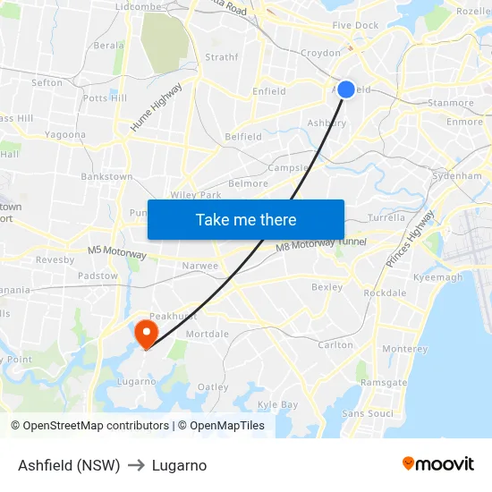 Ashfield (NSW) to Lugarno map