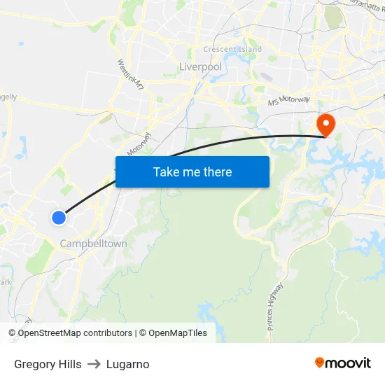 Gregory Hills to Lugarno map