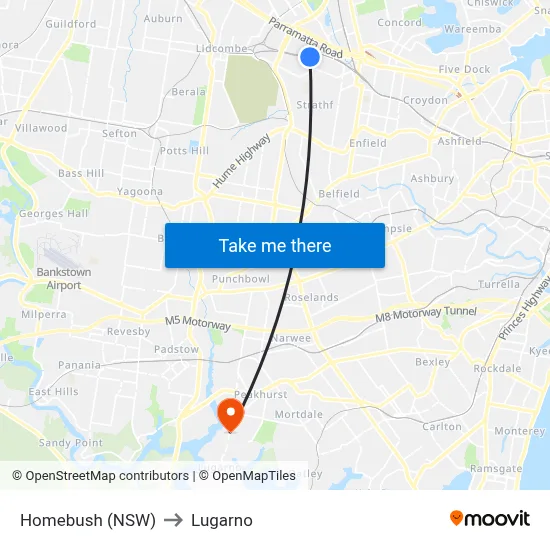 Homebush (NSW) to Lugarno map
