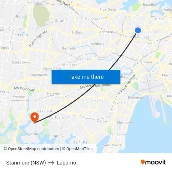 Stanmore (NSW) to Lugarno map