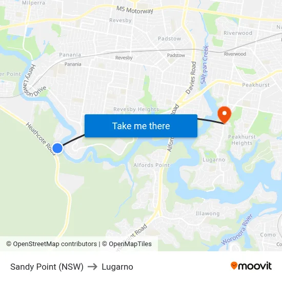 Sandy Point (NSW) to Lugarno map