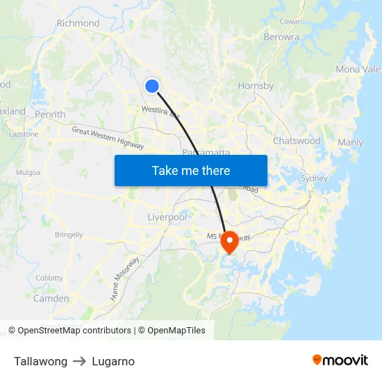 Tallawong to Lugarno map