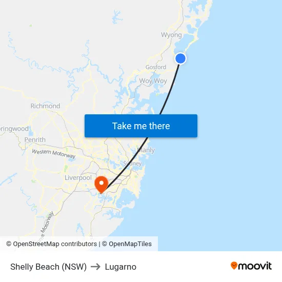 Shelly Beach (NSW) to Lugarno map