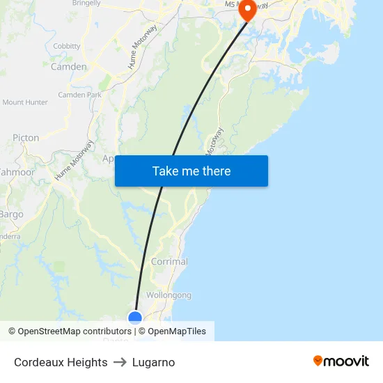 Cordeaux Heights to Lugarno map