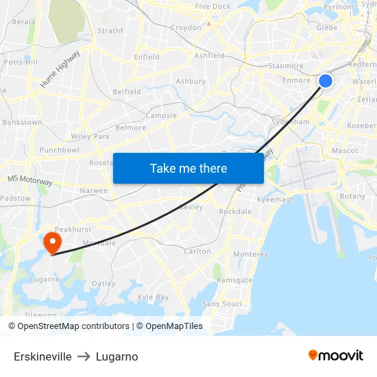 Erskineville to Lugarno map